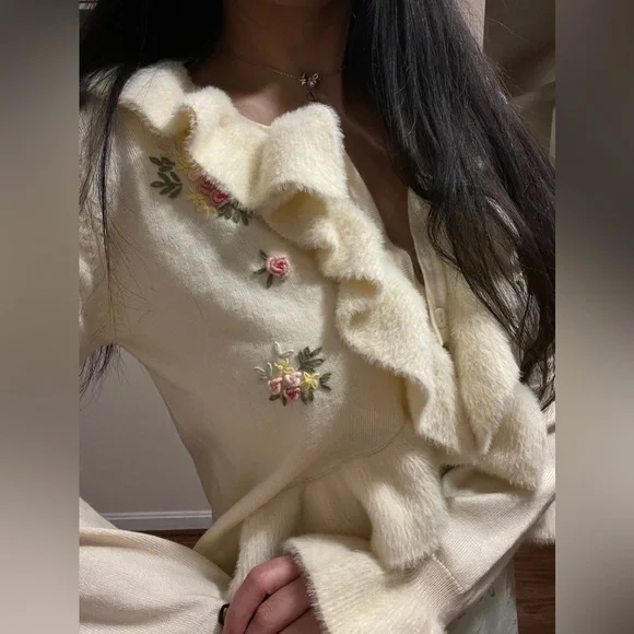 Lacemade Liz Lisa 🌸Gunne Sax Prairie Style Y2K Floral Ruffle Cardigan/Sweater🤍 - Picture 3 of 14